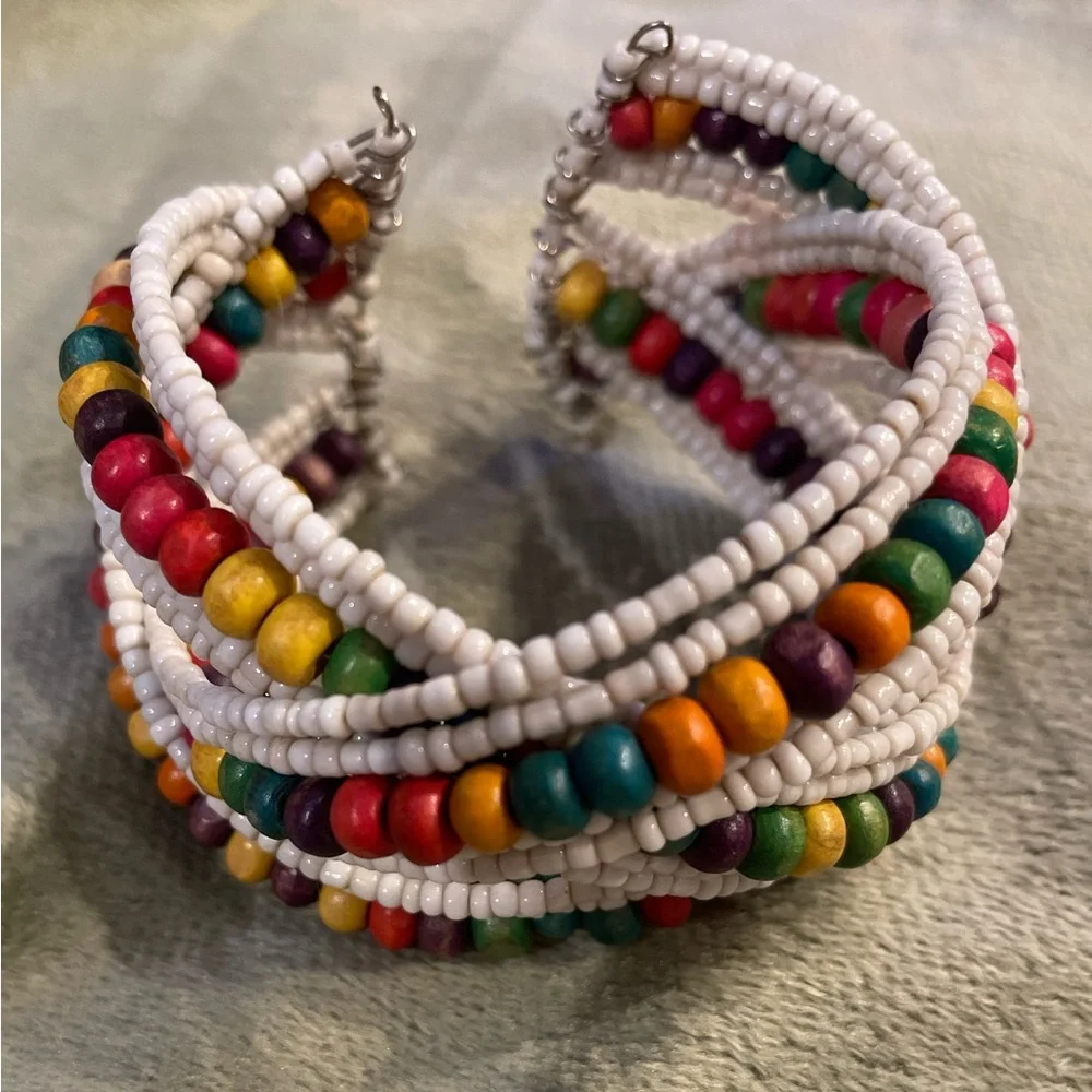 Set of 2 Boho Beaded Cuff Bracelets. Brown & Multi Colored Tones